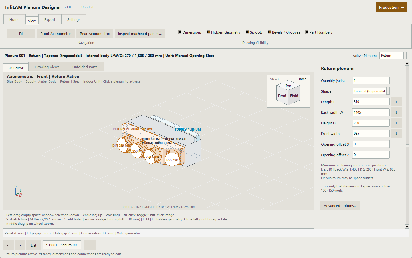 Current InfiLAM Plenum Designer workspace showing a tapered return plenum